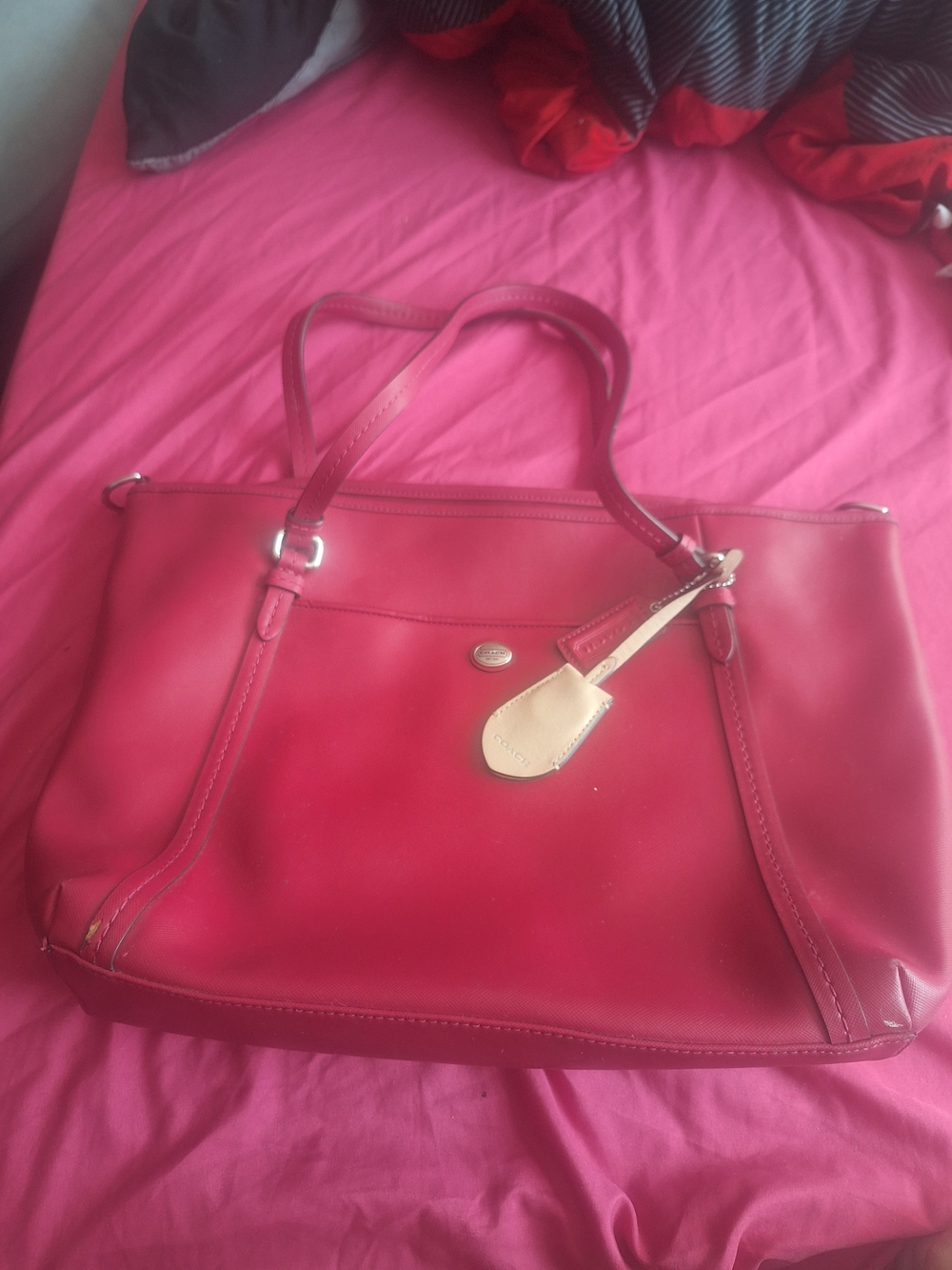 Coach Red Leather Tote with Beige Tag Accent
